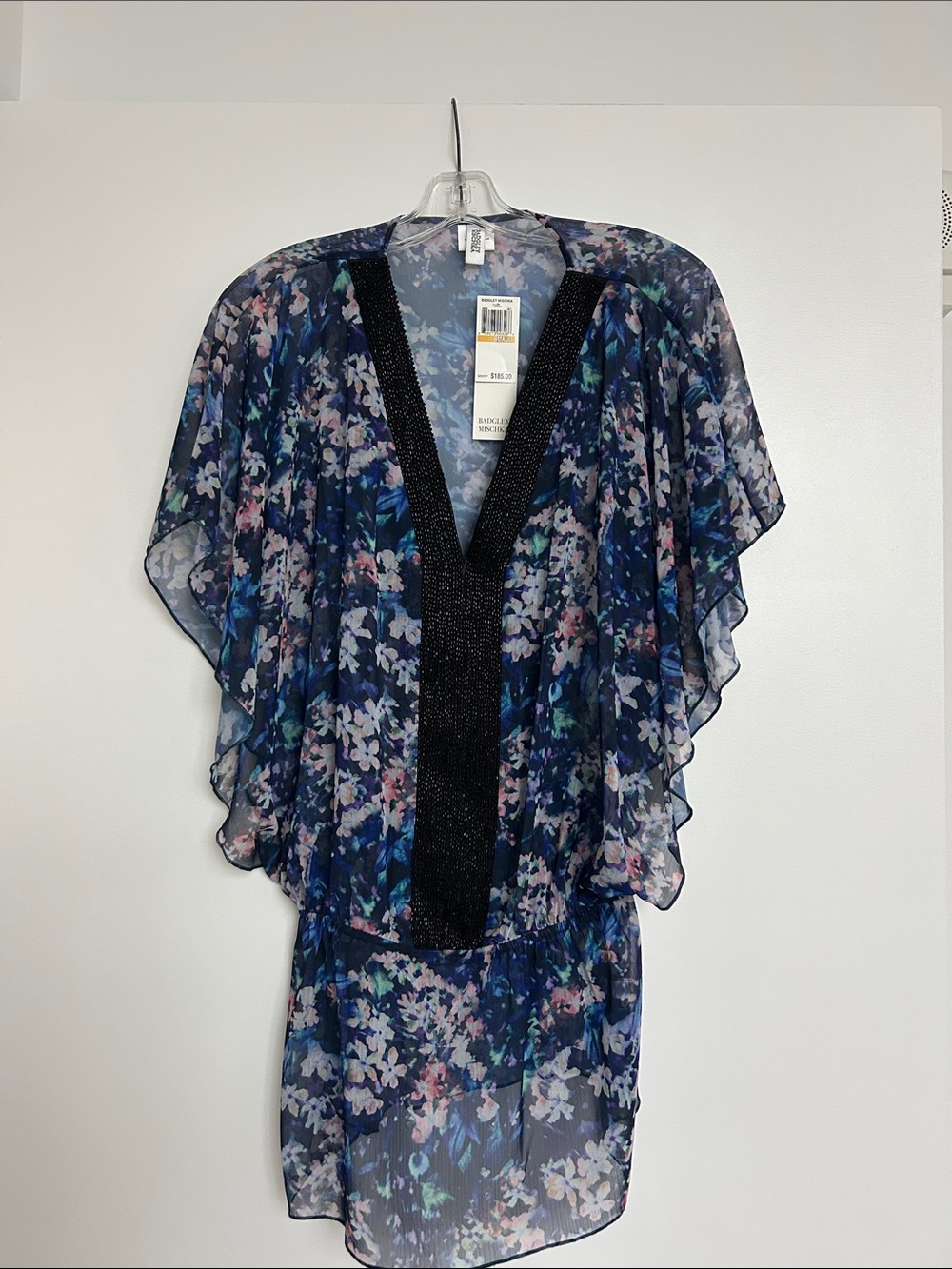 NWT Badgley Mischka Navy Floral Sheer V-Neck Cover-Up with Beaded Trim
